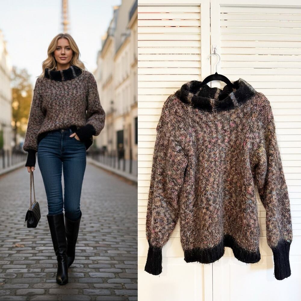 Vintage Hand-Knit Colorful Wool Mock Neck Sweater